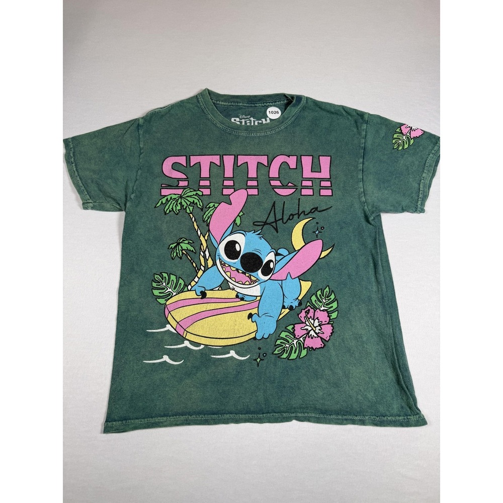 Disney Shirt Womens XS Green Stitch‎ Aloha Surfboard Floral Graphic Hawaiian Tee